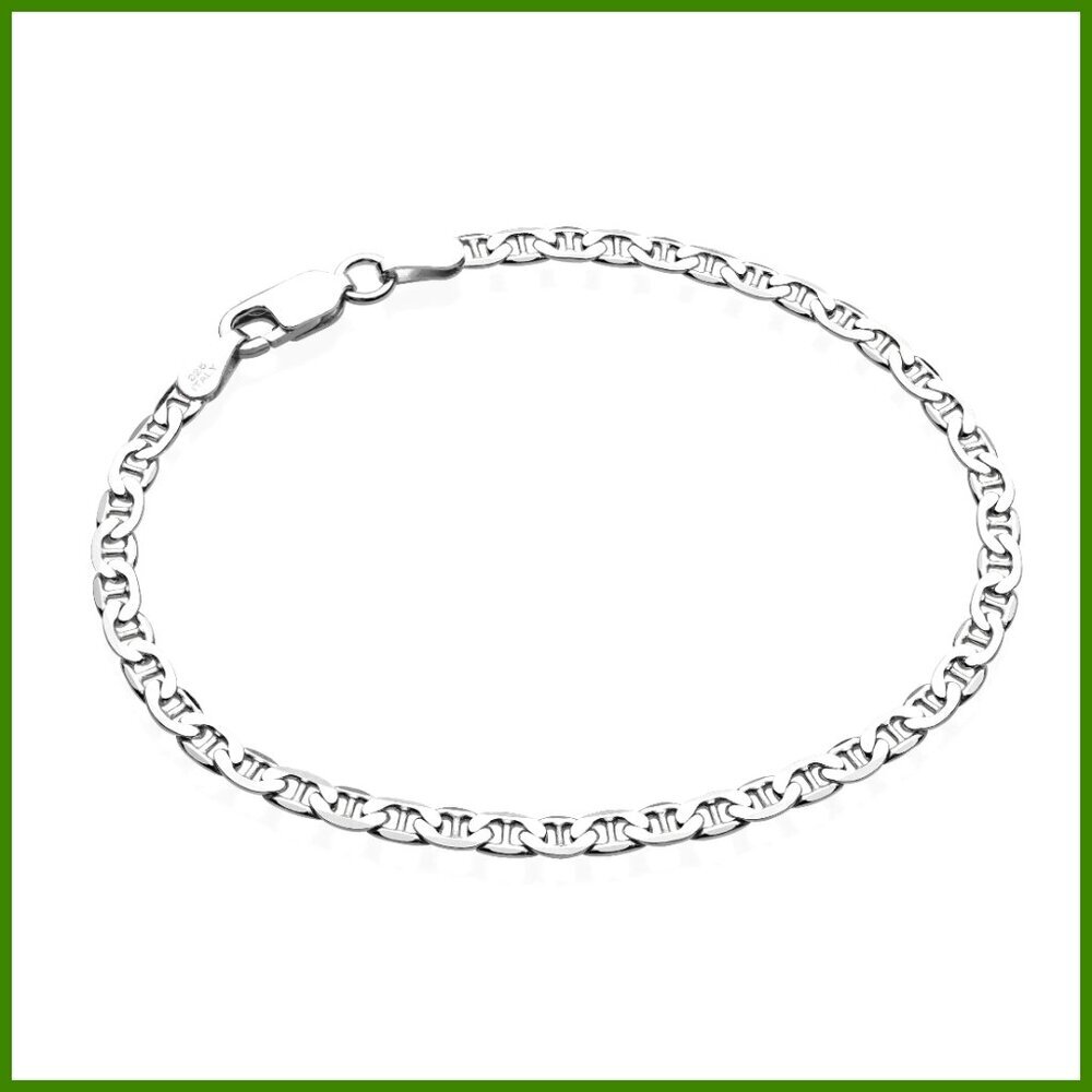 925 Sterling Silver Diamond-Cut Mariner Link Anklet for Women